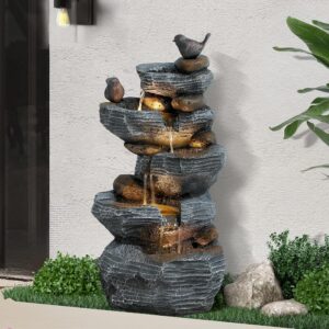 5-Tiers Cascading Rock Water Fountain Outdoor, Waterfalls Fountains